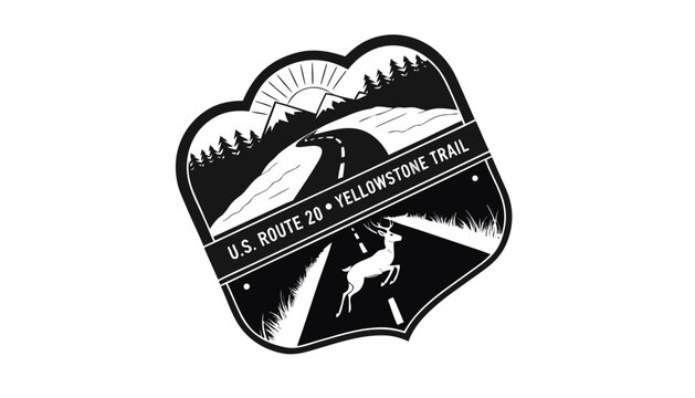 Very beautiful black and white realistic vector of a scenic American highway sign featuring Yellowstone wilderness, mountain peaks and open western road, U.S. ROUTE 20 &bull; YELLOWSTONE TRAIL, detailed li
