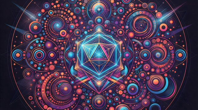 Generative Geometric Art Vibrant cosmic mandala with glowing Metatron cube geometry, colorful psychedelic art featuring concentric circles, abstract spiritual design for meditation, yoga