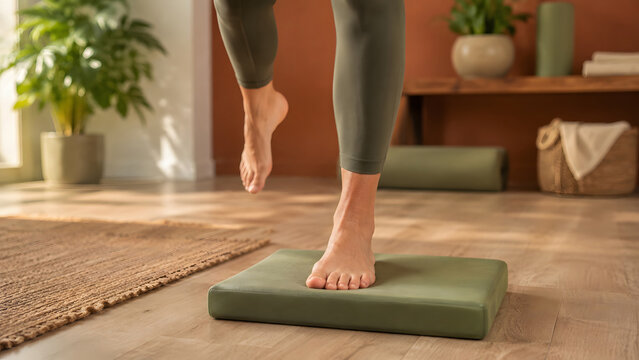 Woman performs a single-leg barefoot balance exercise on a green foam pad in a home interior, training stability and foot control.
