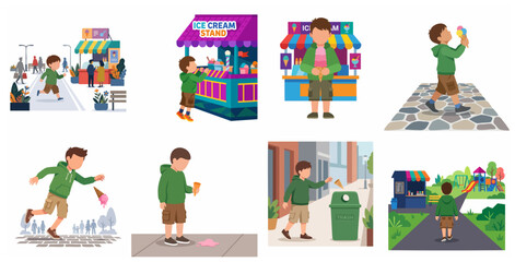 Fototapeta premium Vector illustration set of a boy buying ice cream from a stand, dropping it, and throwing it in the trash