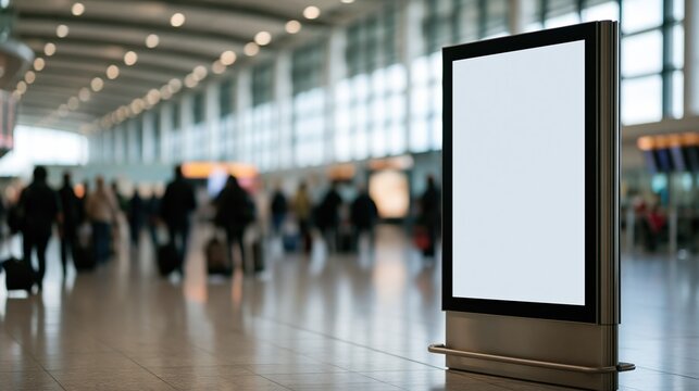Blank digital advertising screen in a busy airport terminal with travelers and luggage