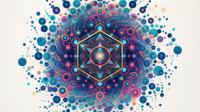 Generative Geometric Art Mystical geometry with abstract blue particle swirl. Ethereal mandala design with bokeh glow. Spiritual concept with neon dots and sacred hexagon. PNG