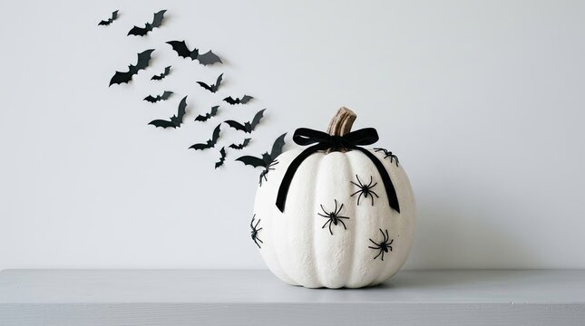 A festive white decorative pumpkin with black ribbon and flying paper bats for a modern minimalist halloween celebration