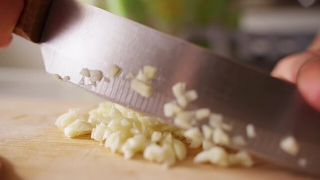 Hands Mince Fresh Garlic on a Wooden Board With a Kitchen Knife, Close View of Food Preparation and Healthy Home Cooking Slow motion