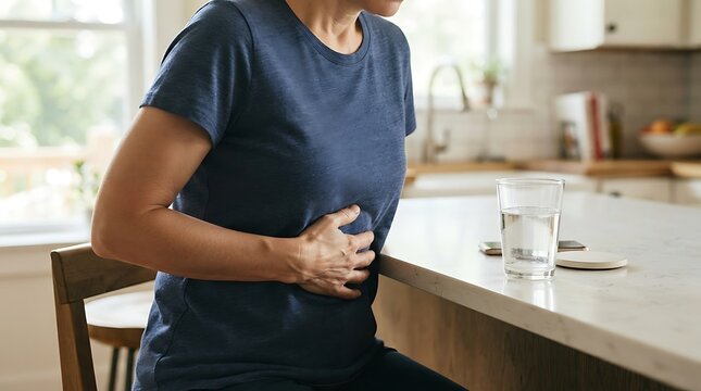 Woman experiencing stomach pain while sitting at a kitchen counter