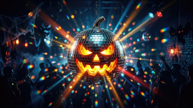 A glowing jack o lantern pumpkin centerpiece surrounded by vibrant colorful party lights for a festive halloween celebration event