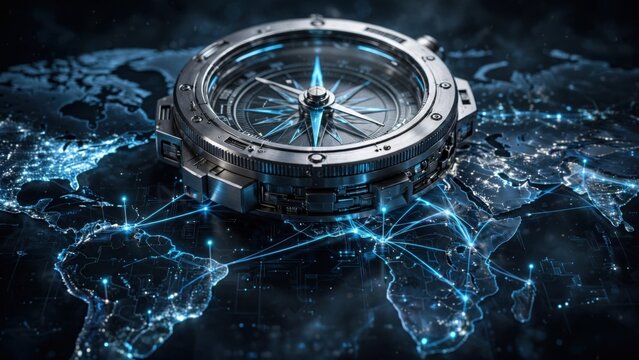 Global Navigation Compass on Digital World Map Network.