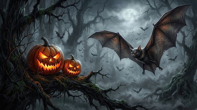 Spooky halloween scene featuring glowing jack o lanterns and a giant bat flying in a dark misty forest