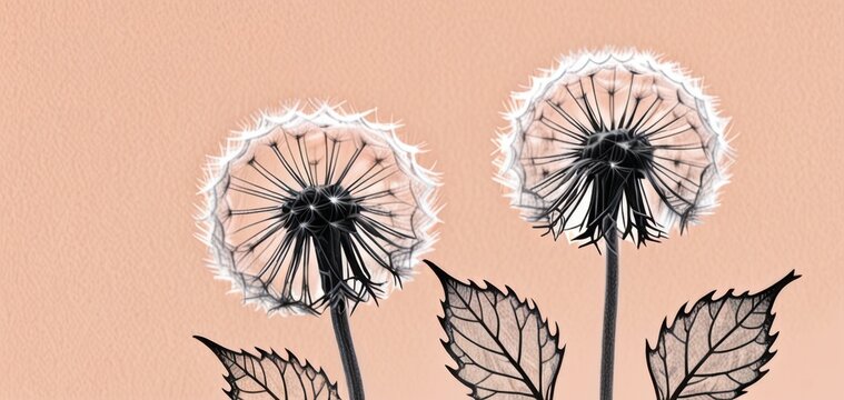 two dandelions on peach background minimalist art with copyspace concept of nature, design, wellness
