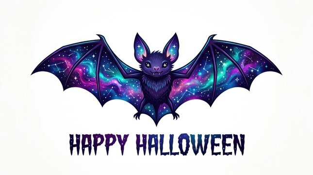 A beautiful artistic illustration of a cosmic galaxy bat design for a festive and colorful happy halloween holiday greeting