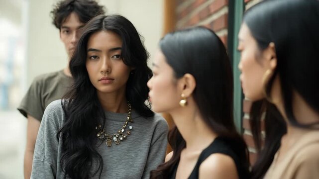 Portrait of a young Asian woman standing apart from a group of friends, expressing feelings of loneliness and isolation in a social setting. Authentic emotion, shallow focus.