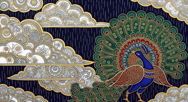 Exquisite Peacock Display Amidst Stylized Clouds and Dark Background.