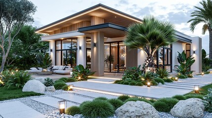 Fototapeta premium Modern Luxury Tropical Villa with Lush Landscaping and Outdoor Living Space at Dusk
