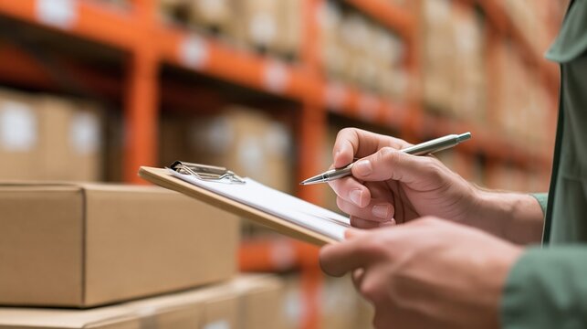 Warehouse worker conducting inventory count on clipboard with pen among stacked cardboard boxes and shelves