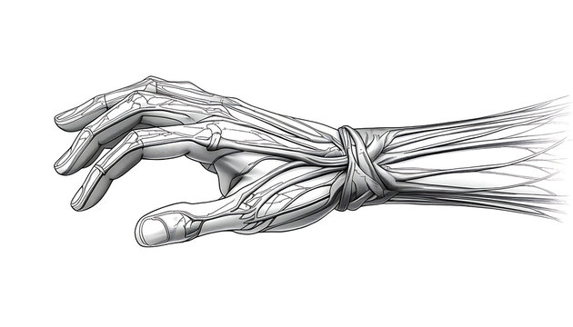 The provided illustration highlights the intricate system of tendons and fibrous bands that coordinate finger and wrist movements