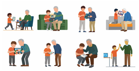 Fototapeta premium Intergenerational bonding as a young grandson teaches his elderly grandfather how to use modern digital tablets and technology.