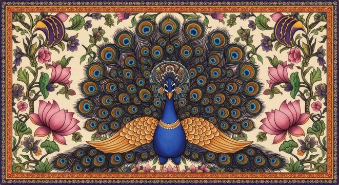 Exquisite Peacock Display with Lotus Flowers and Intricate Border.