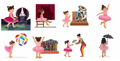 Fototapeta premium Set of cute little girl ballerina characters in pink tutus performing on stage and preparing backstage in a theater, flat vector illustration