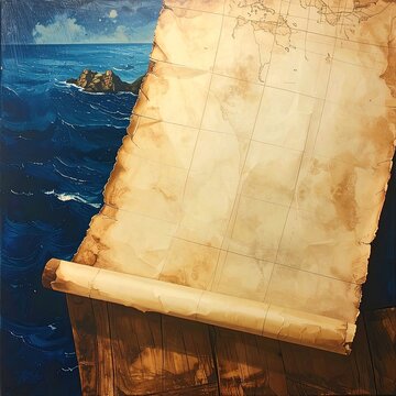 Ancient Parchment Map Unfurled on a Ship Deck with Stormy Seas.