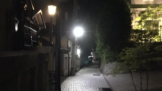 異国情緒漂う夜の小道と街路灯に照らされた石畳（神戸・北野異人館街、ミステリアス・観光イメージ）