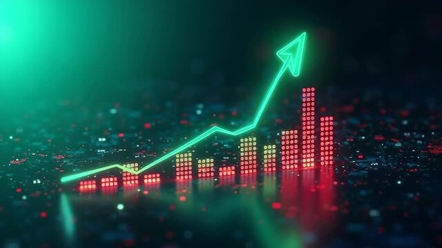 Market Recovery Concept. Successful growth trend Green line graph going Up. Financial data and diagrams. For stock market increase,rising financial data 4k.Abstract neon arrow business graph.