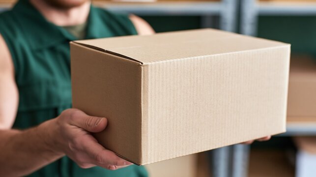 Warehouse worker holding a cardboard shipping box, ready for delivery or pickup