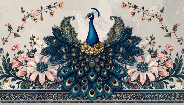 Exquisite Peacock Displayed Amidst Floral Border.