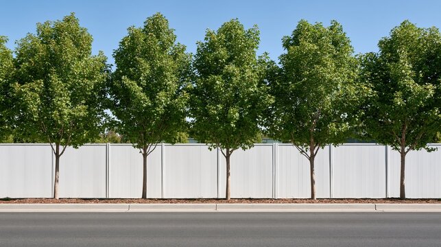 Row of Lush Green Trees Lined Up Against a White Fence with Clear Blue Sky Overhead