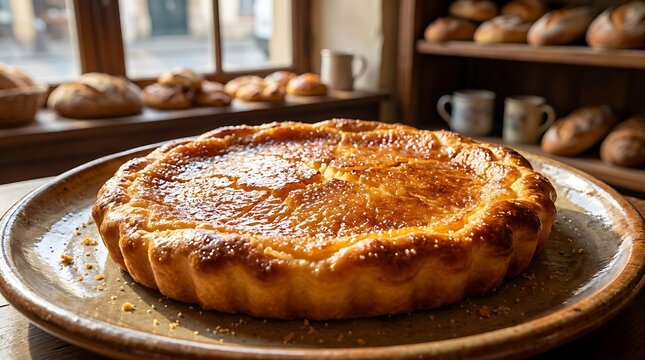 Freshly baked savory quiche served on a rustic ceramic plate inside a cozy traditional bakery shop. Tarte au Sucre