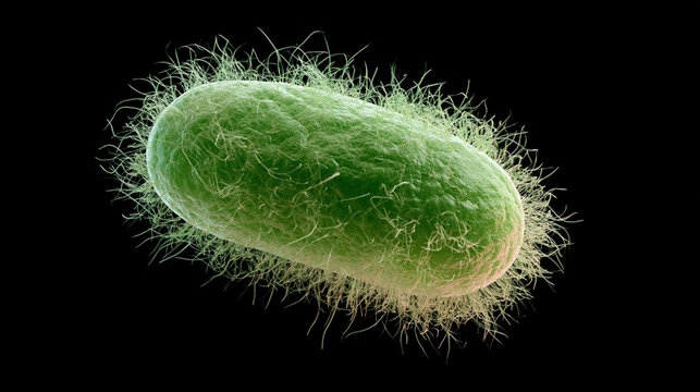 A 3D rendering of a green E. coli bacterium on a black background. Used to illustrate microbiology and infectious.