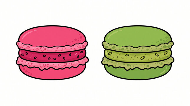 Two colorful macaron cookies isolated on white transparent background.