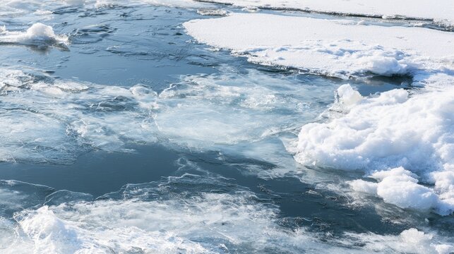 Melting ice on frozen pond with fresh snow during spring thaw, showing dangerous thin ice conditions, seasonal weather changes, hidden hazards, and water safety risks in nature