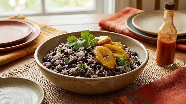 Bowl of delicious black beans and rice topped with fried plantains served on a rustic wooden table. Cuban Cuisine