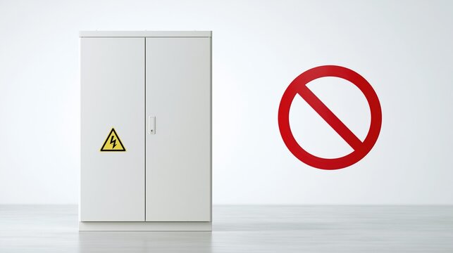 White Electrical Cabinet with Warning Symbol and Prohibition Sign on White Background