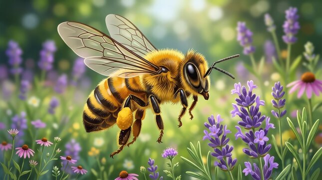 A detailed honey bee flying over purple lavender flowers in a sunny garden with beautiful soft green natural light background