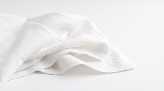 White linen fabric texture, crumpled soft cotton cloth on white background, elegant draped textile material for home decor