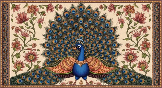 Exquisite Peacock Displayed Amidst Floral Mughal Artistry.