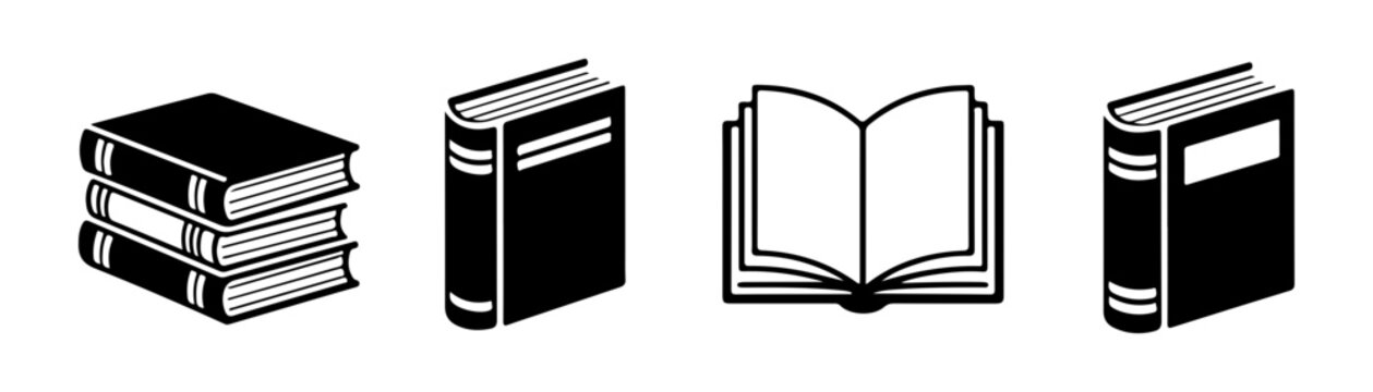 Black book icons set features various perspectives and stacking arrangements for library designs.