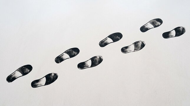 Two black shoe prints rest on pale surface, detailed tread patterns emphasize human presence, contrast highlights pause, stillness, and evocative trace of movement.