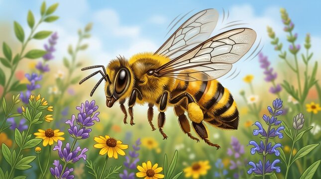 A detailed honey bee flying in a beautiful garden with colorful flowers and green leaves on a bright summer sunny day