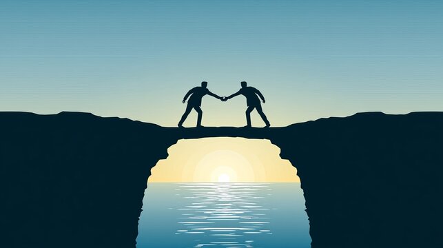 Two businessmen building bridge over cliff gap between mountains, representing business cooperation, teamwork, partnership, leadership, and successful collaboration to overcome challenges