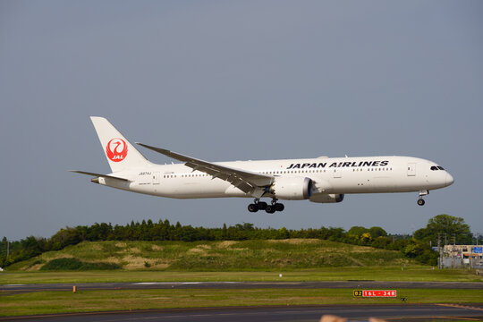 A Japan Airlines (JAL) Boeing 787 (JA845J) landing at Narita International Airport on May 10, 2021 in Narita, Japan.