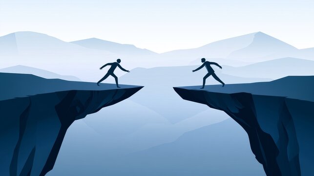 Two businessmen building bridge over cliff gap between mountains, representing business cooperation, teamwork, partnership, leadership, and successful collaboration to overcome challenges