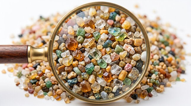 Close-up exploration of a colorful pile of raw uncut gemstones viewed through a magnifying glass