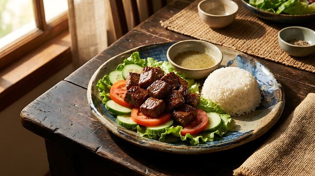 Grilled beef meat cubes served with fresh cucumber slices tomato and white rice on a rustic table. Cambodian Cuisine