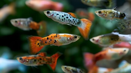 Fototapeta premium Colorful guppies swim gracefully through clear water amid soft green aquatic plants and gentle light