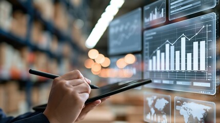 Obraz na płótnie Canvas Warehouse manager using digital tablet to analyze inventory data and financial charts on futuristic augmented reality display