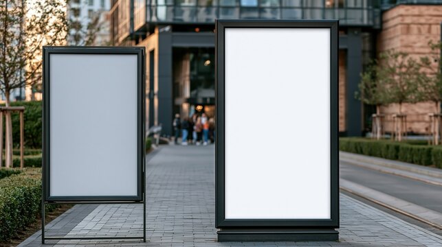 Two blank outdoor advertising billboards on a modern city street, ready for graphic design