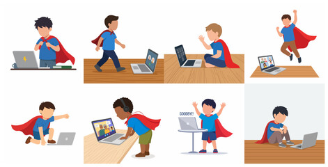 Fototapeta premium Set of vector illustrations featuring young boys in superhero capes using laptops for online learning, video calls, and virtual meetings at home.