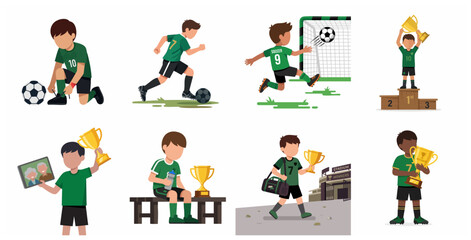 Fototapeta premium Set of boy soccer player character illustrations showing training, scoring a goal, and winning a trophy in green uniform.
